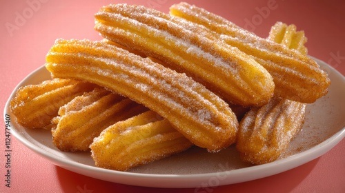 A plate of churros dusted with sugar and cinnamon powder on a pastel pink background
