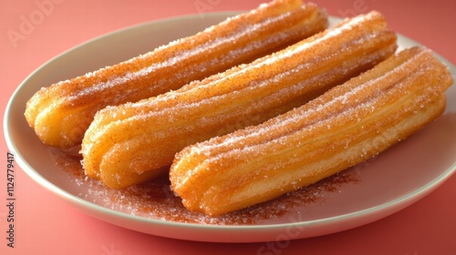 A plate of churros dusted with sugar and cinnamon powder on a pastel pink background