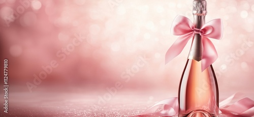 Champagne bottle with pink ribbon, elegant celebration decoration, soft bokeh background, festive atmosphere, copy space for text