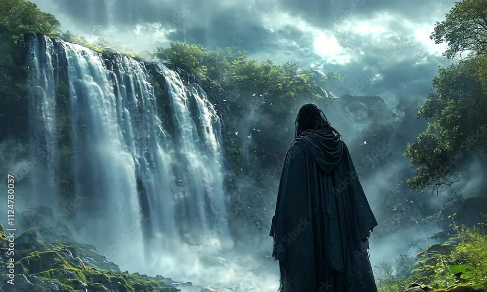 A figure stands by a majestic waterfall in a misty landscape. A figure stands by a majestic waterfall in a misty landscape.