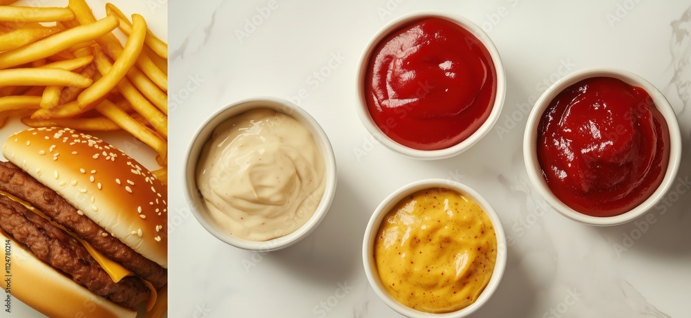 Burger with fries and condiments, delicious fast food meal, featuring double patty burger, crispy fries, various sauces including ketchup, mustard, mayo, copy space for text Burger with fries and condiments, delicious fast food meal, featuring double patty burger, crispy fries, various sauces including ketchup, mustard, mayo, copy space for text