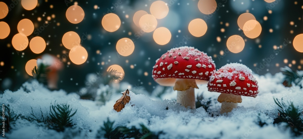 Mushrooms in snow with bokeh lights, red caps, white spots, winter scene, festive atmosphere, snow-covered ground, blurred background, copy space for text Mushrooms in snow with bokeh lights, red caps, white spots, winter scene, festive atmosphere, snow-covered ground, blurred background, copy space for text