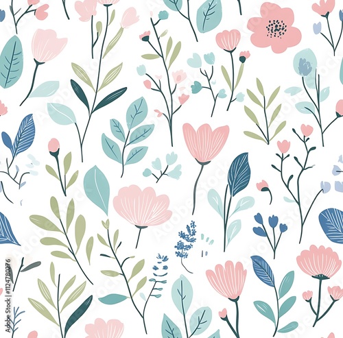 A seamless pattern of pastel flowers and leaves, womens day concept