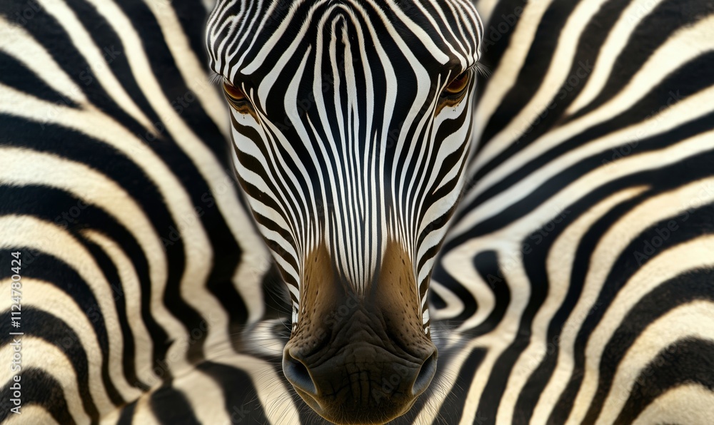 Zebra close-up with striking black and white stripes, showcasing unique patterns and textures, highlighting animal's eye and facial features Zebra close-up with striking black and white stripes, showcasing unique patterns and textures, highlighting animal's eye and facial features