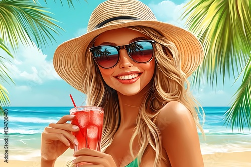 Blonde woman wearing sunglasses and sun hat enjoying refreshing cocktail on a sunny beach with palm trees and turquoise water