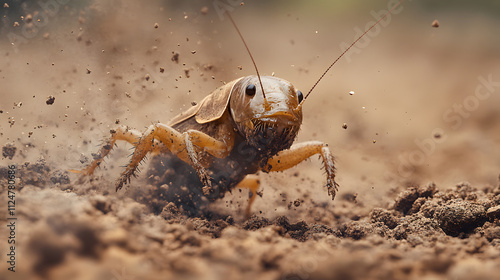 A Dynamic Scene of a Mole Cricket in Motion Digging Through the Earth with Soil Particles Flying Around Illustrating Its Unique Behavior photo