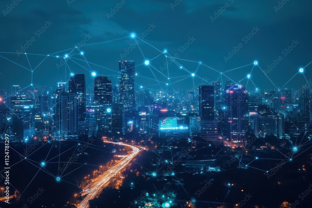 Modern city skyline illuminated at night with glowing network connections Modern city skyline illuminated at night with glowing network connections