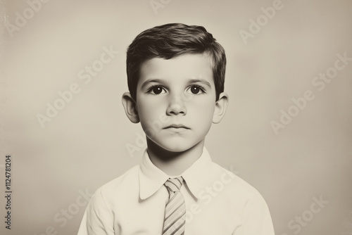 Portrait of a young 1950s boy with a calm expression, neatly styled hair, and wearing a collared shirt and striped tie photo