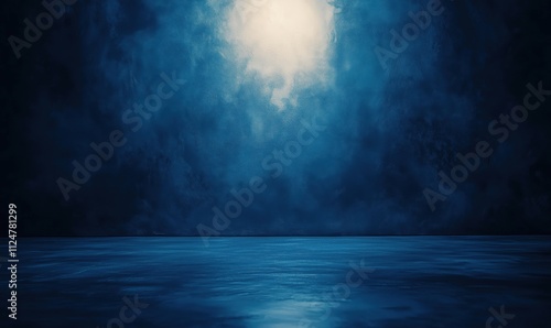 Mysterious blue landscape with ethereal light, dark blue tones, smooth water surface, atmospheric depth, serene ambiance