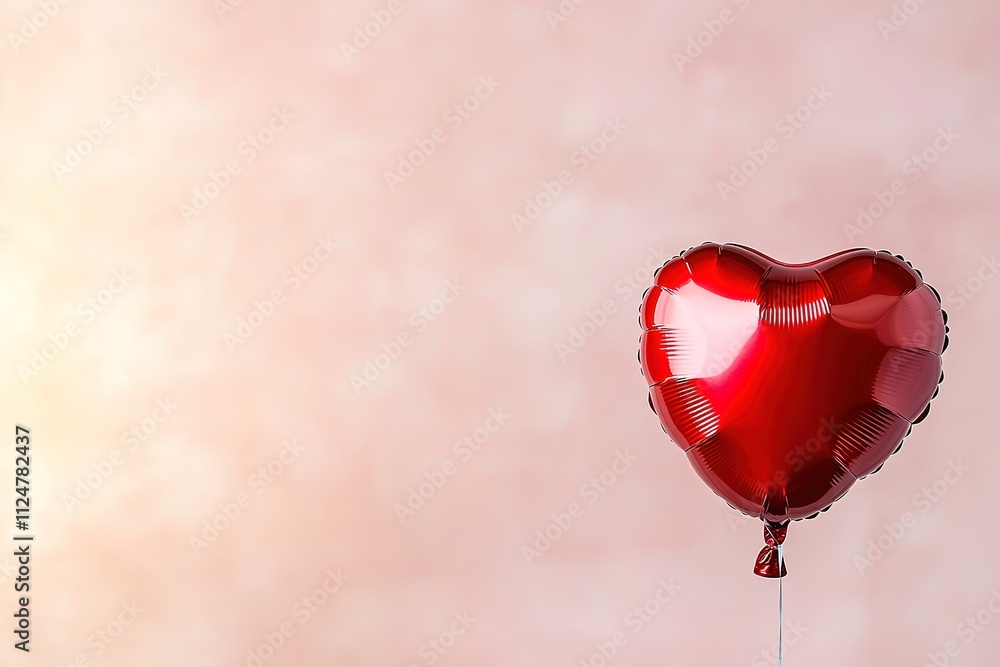 single red heart-shaped balloon floats against blank pastel pink background softly glowing under natural light with single red heart-shaped balloon floats against blank pastel pink background softly glowing under natural light with