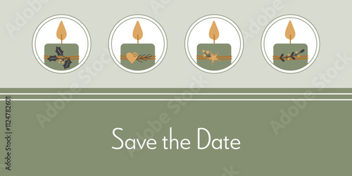 Save the Date - Schriftzug in englischer Sprache - Reserviere den Termin. Einladungskarte mit vier verzierten Kerzen in Grün, Gold und Anthrazit.