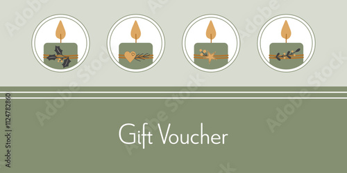Gift Voucher - Schriftzug in englischer Sprache - Geschenkgutschein. Geschenkkarte mit vier verzierten Kerzen in Grün, Gold und Anthrazit.