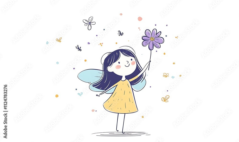 Single line drawing of purple flower with little fairy holding it, womens day background Single line drawing of purple flower with little fairy holding it, womens day background