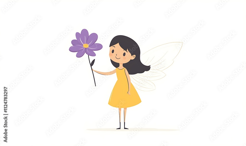 Single line drawing of purple flower with little fairy holding it, womens day background Single line drawing of purple flower with little fairy holding it, womens day background