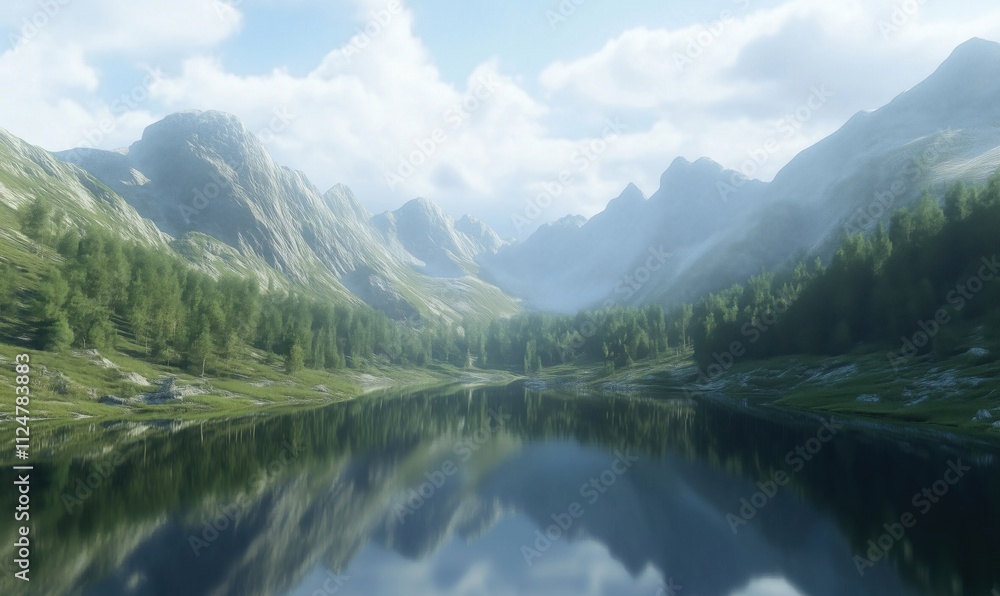 Serene mountain landscape with tranquil lake, lush greenery, majestic peaks, and soft clouds Serene mountain landscape with tranquil lake, lush greenery, majestic peaks, and soft clouds