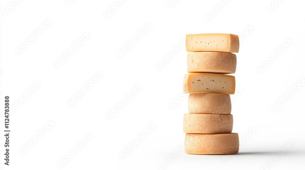 Close-Up of Stacked Cheese Wheels Featuring Creamy Textures and Natural Color Variations on a Minimalist White Background for Culinary Art and Food Presentation Close-Up of Stacked Cheese Wheels Featuring Creamy Textures and Natural Color Variations on a Minimalist White Background for Culinary Art and Food Presentation