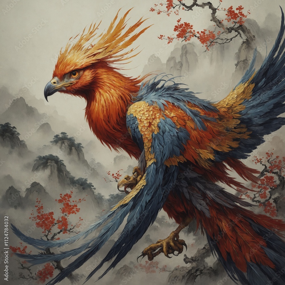 Fototapeta premium A phoenix in a traditional Chinese-style painting.