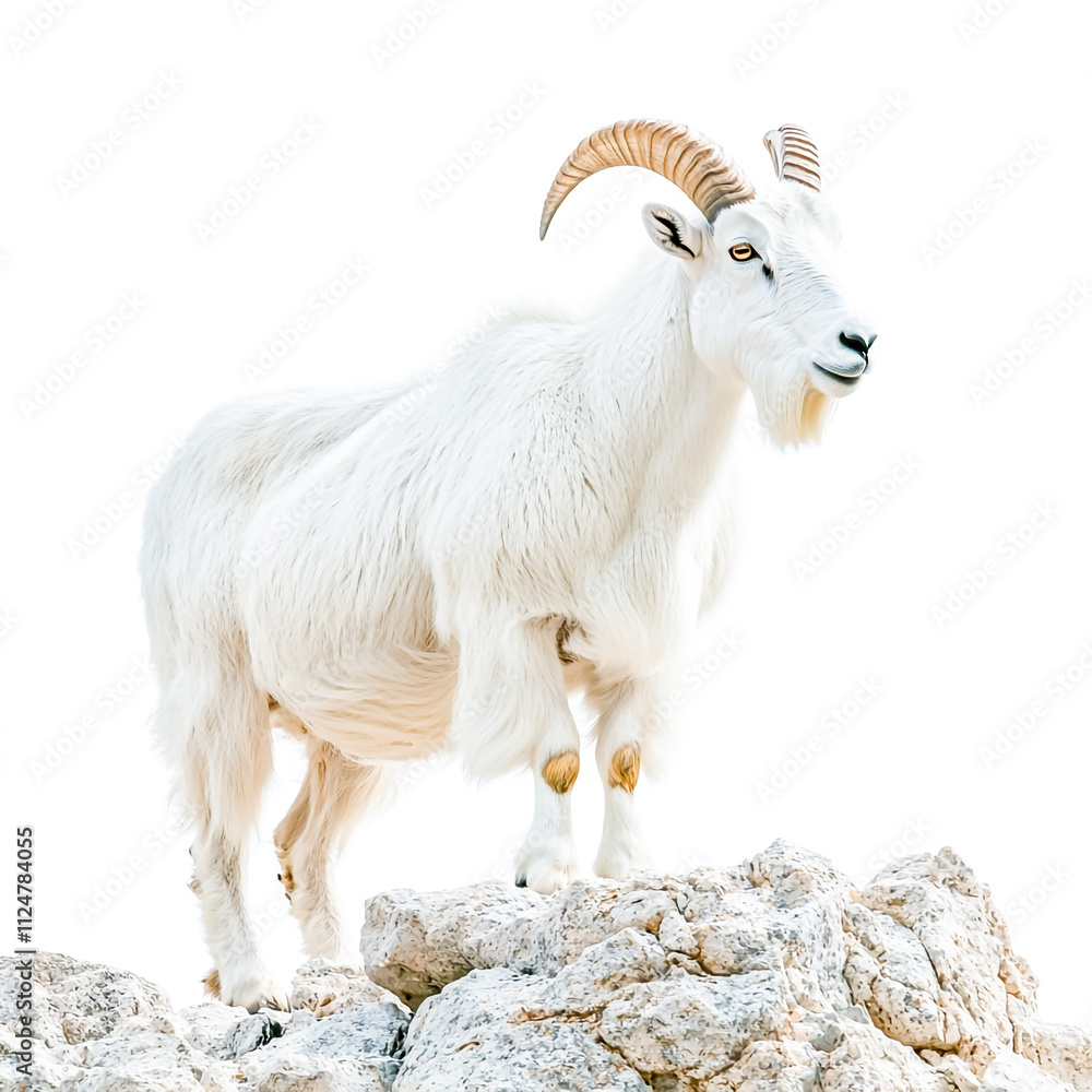 Fototapeta premium Majestic white mountain goat standing on rocky terrain with impressive curved horns Isolated on white background