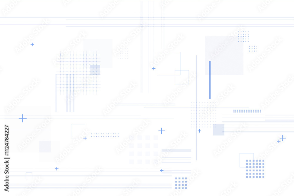 Abstract blue and white futuristic geometric design with lines, squares, and dots on a clean white background. Concept of virtual tech. 3D Rendering. Abstract blue and white futuristic geometric design with lines, squares, and dots on a clean white background. Concept of virtual tech. 3D Rendering.
