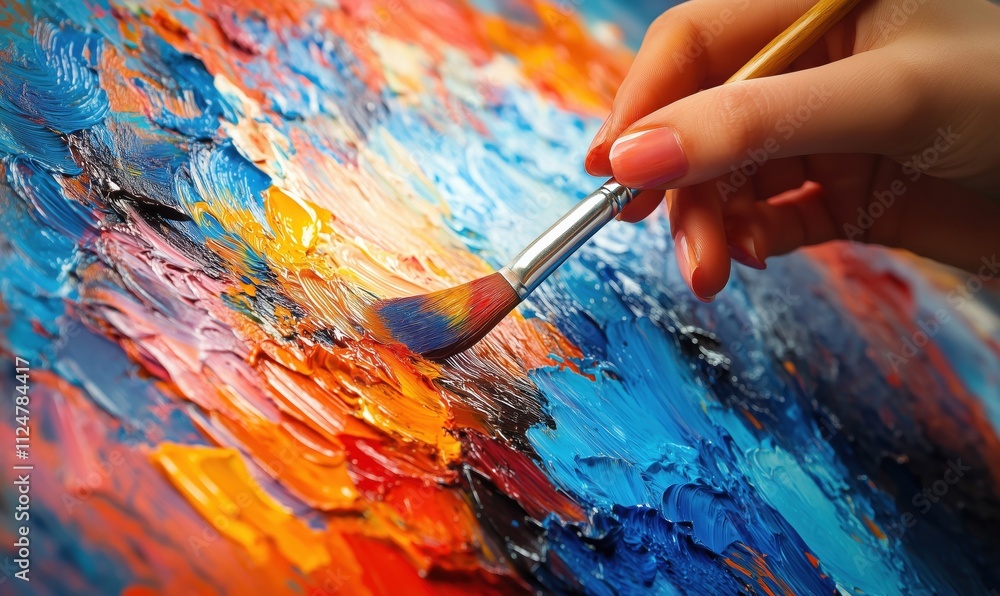 Painting with vibrant colors, hand holding brush, textured canvas, abstract art Painting with vibrant colors, hand holding brush, textured canvas, abstract art
