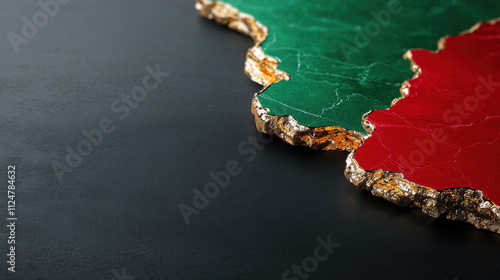 Elegant green and red textured surfaces with gold edges on dark background evoke sense of luxury and sophistication