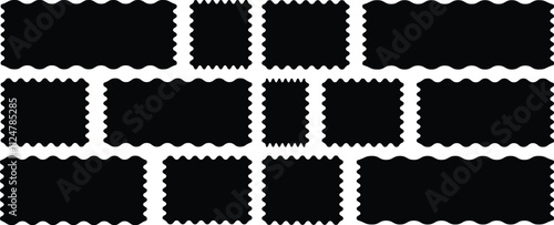 Zigzag edges set. Rectangle shape frame with zigzag edge for labels, banners, tags, stamps. Scallop edge shape set. Stamp frames with zigzag edges for graphic design. Zig zag wavy stickers	
