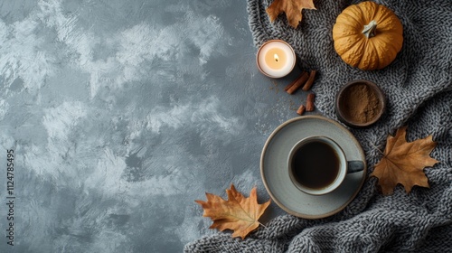 Autumn home coziness with an overhead shot of a cup of hot coffee, a blanket, pumpkin candles, maple leaves, and aromatic spices on a gray background with space for text