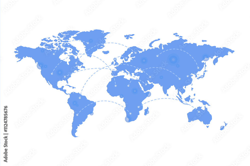 World map in blue with dotted connection lines, isolated on white background. Digital style representation of global network and communication. 3D Rendering. World map in blue with dotted connection lines, isolated on white background. Digital style representation of global network and communication. 3D Rendering.