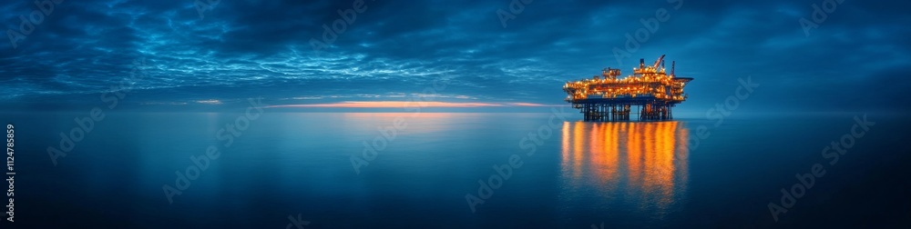 Fototapeta premium A large oil rig is floating in the ocean with a foggy sky in the background