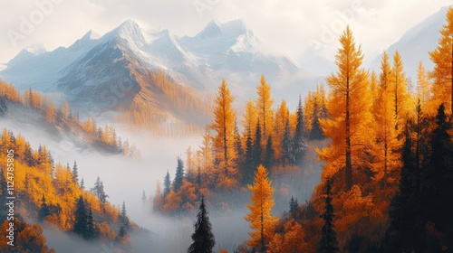 A picturesque mountain vista with golden larches rising through mist, the fog enhancing the beauty of this tranquil autumn scene