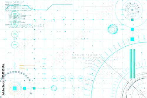 Fotografie Futuristic HUD interface with blue digital elements, grid layout, and technical code overlay on a white background, concept of virtual tech design