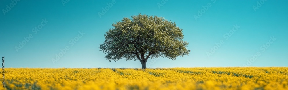 Obraz premium A tree stands in a field of yellow flowers