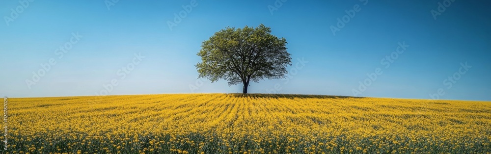 A tree stands in a field of yellow flowers A tree stands in a field of yellow flowers