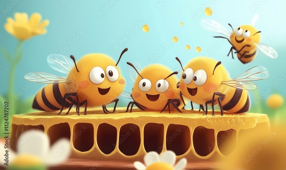 Naklejka premium Cheerful cartoon bees enjoying honeycomb, vibrant flowers in background, playful atmosphere, bright colors