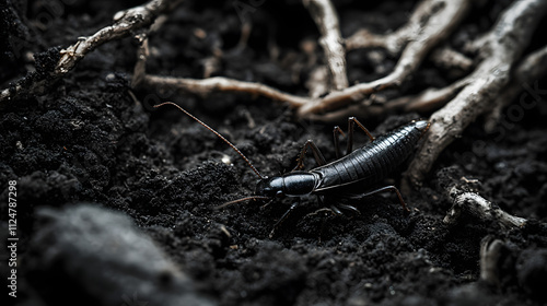 The Hidden World Beneath Our Feet: An Earwig Thriving in Its Natural Soil Habitat among Roots and Stones