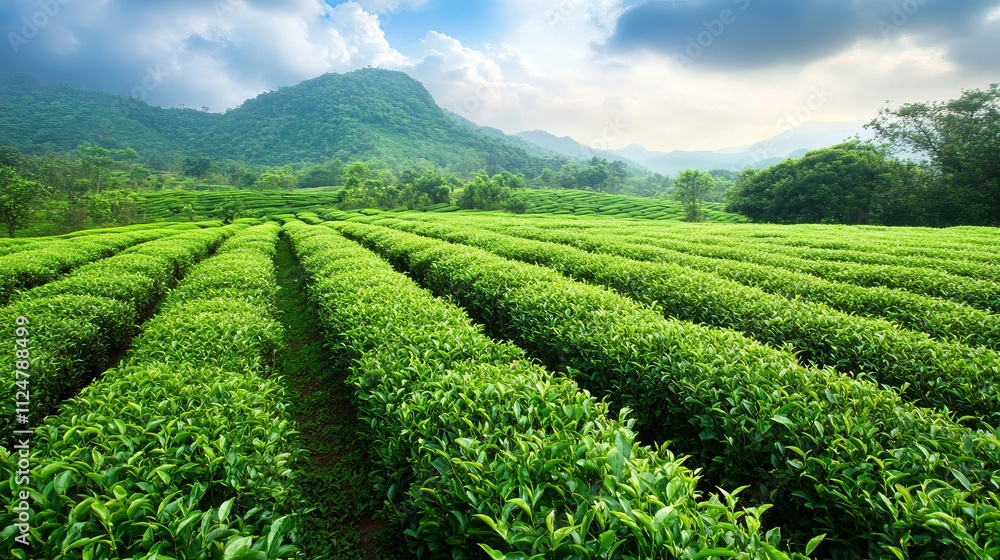 A Breathtaking View of a Lush Tea Plantation, Majestic Mountains and a Serene Landscape A Breathtaking View of a Lush Tea Plantation, Majestic Mountains and a Serene Landscape