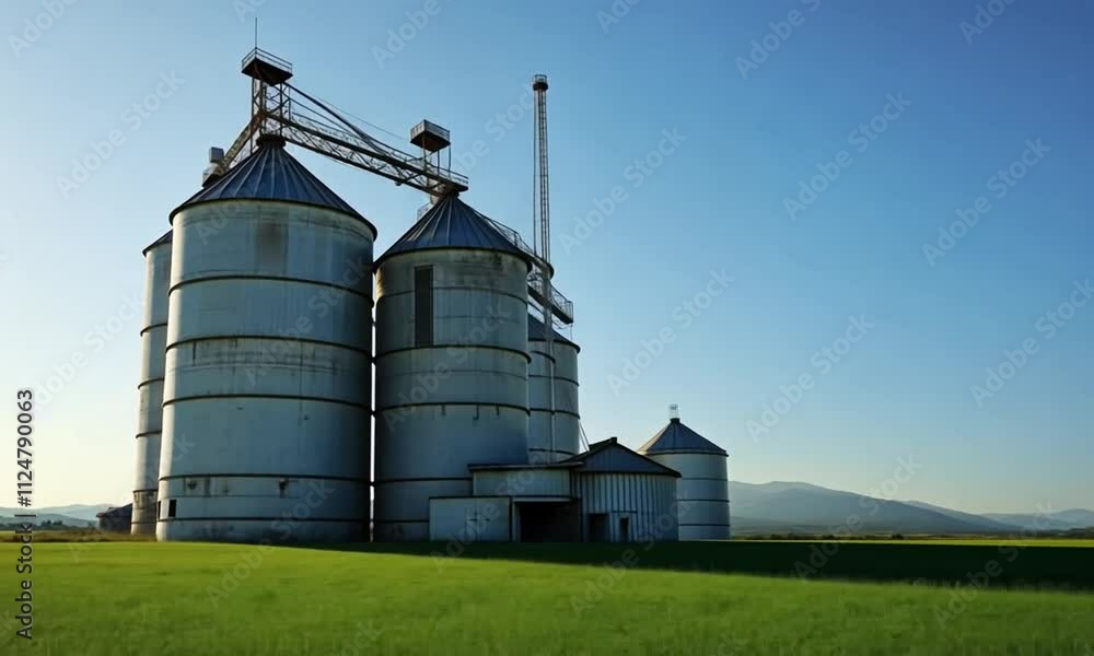 Building Exterior, Storage and drying of grains, wheat, corn, soy, sunflower against the blue sky with rice fields Building Exterior, Storage and drying of grains, wheat, corn, soy, sunflower against the blue sky with rice fields