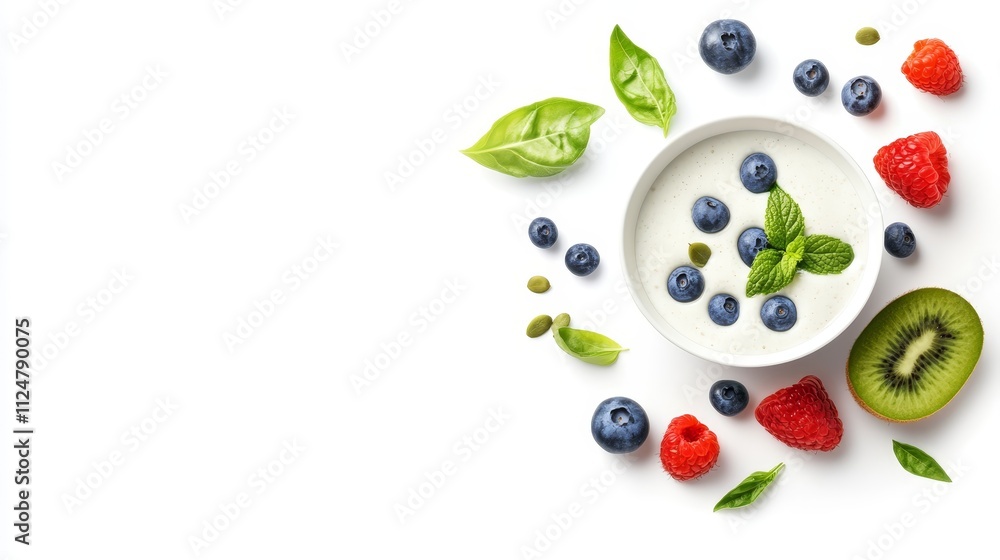 Fresh Yogurt Bowl with Berries, Kiwi, Mint, and Basil on a Bright White Background for Healthy Eating and Nutrition Concepts Fresh Yogurt Bowl with Berries, Kiwi, Mint, and Basil on a Bright White Background for Healthy Eating and Nutrition Concepts