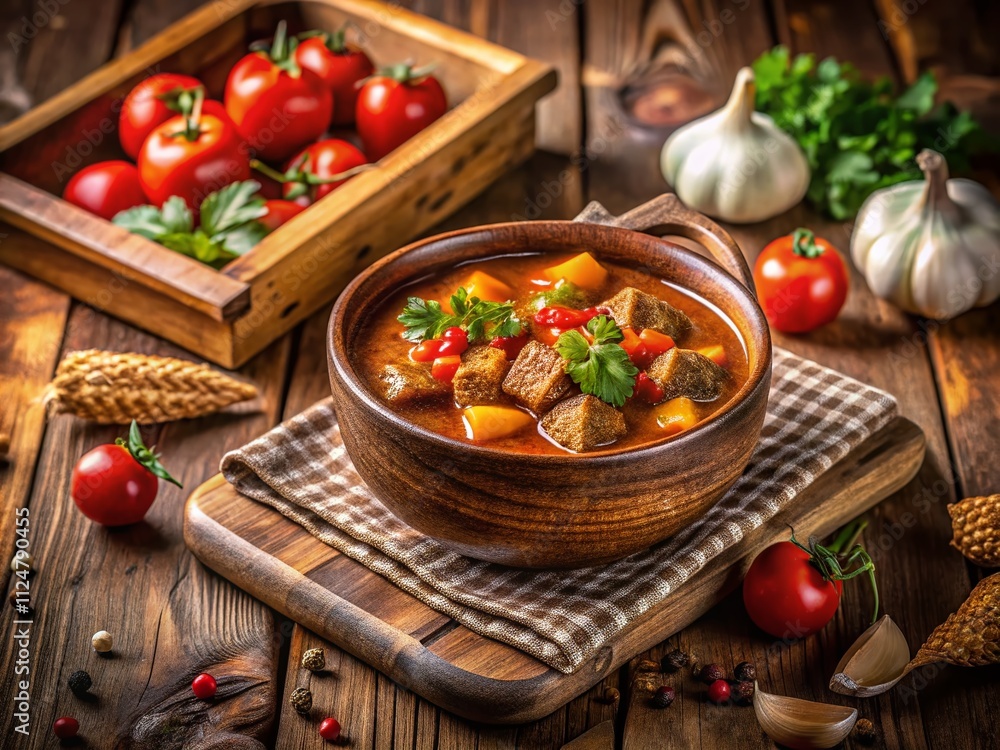 Bowl of Goulash in Rustic Box on White Table - A Traditional Hungarian Meal Captured in Portrait Photography Style for Culinary Enthusiasts and Food Lovers Bowl of Goulash in Rustic Box on White Table - A Traditional Hungarian Meal Captured in Portrait Photography Style for Culinary Enthusiasts and Food Lovers