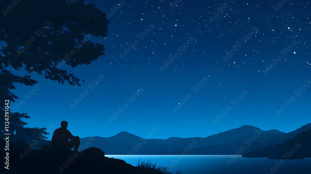 A silhouette of a person at a viewpoint, looking out over a sea or lake, with the sky above filled with stars. Traveler looking at stars. A silhouette of a person at a viewpoint, looking out over a sea or lake, with the sky above filled with stars. Traveler looking at stars.