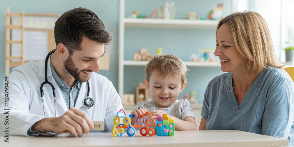 Healthcare consultation concept A doctor interacts with a young child and mother, engaging with colorful toys in a friendly, caring environment. Healthcare consultation concept A doctor interacts with a young child and mother, engaging with colorful toys in a friendly, caring environment.