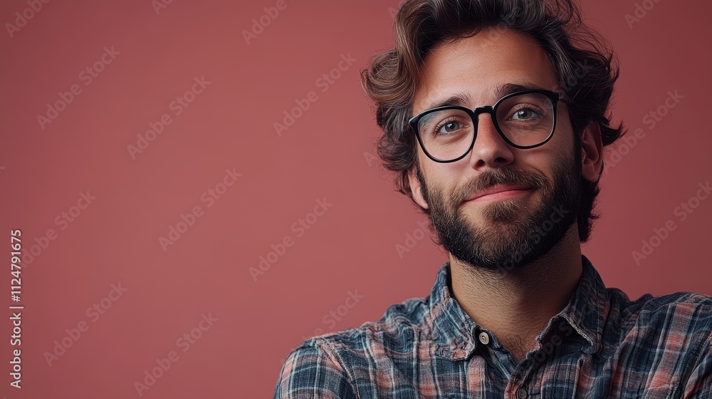 portrait of funny man with beard and glasses on pink background with copy space portrait of funny man with beard and glasses on pink background with copy space
