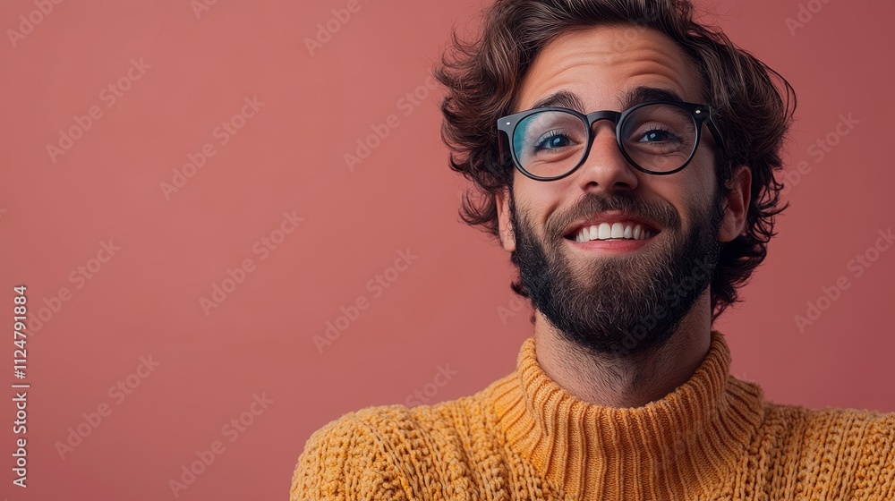 portrait of funny man with beard and glasses wear orange sweater on pink background portrait of funny man with beard and glasses wear orange sweater on pink background