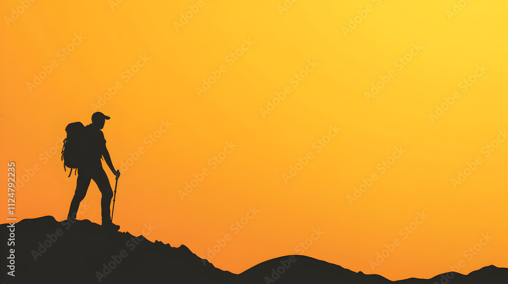 A silhouette of a person hiking up a mountain with a sunrise or sunset in the background, using clean lines. Minimalist hiker on mountain. A silhouette of a person hiking up a mountain with a sunrise or sunset in the background, using clean lines. Minimalist hiker on mountain.