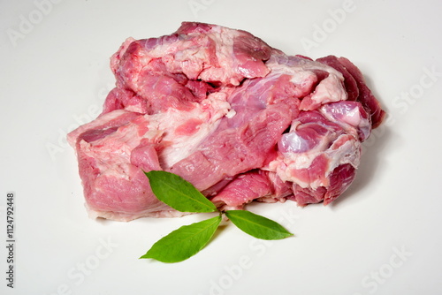 Raw pork meat, isolated on white background. Pork shoulder meat