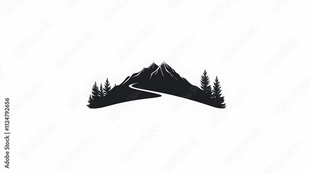 A clean design of a mountain range with a winding trail, showing minimalistic trees and a flat, clear sky. Minimalist mountain trail. A clean design of a mountain range with a winding trail, showing minimalistic trees and a flat, clear sky. Minimalist mountain trail.