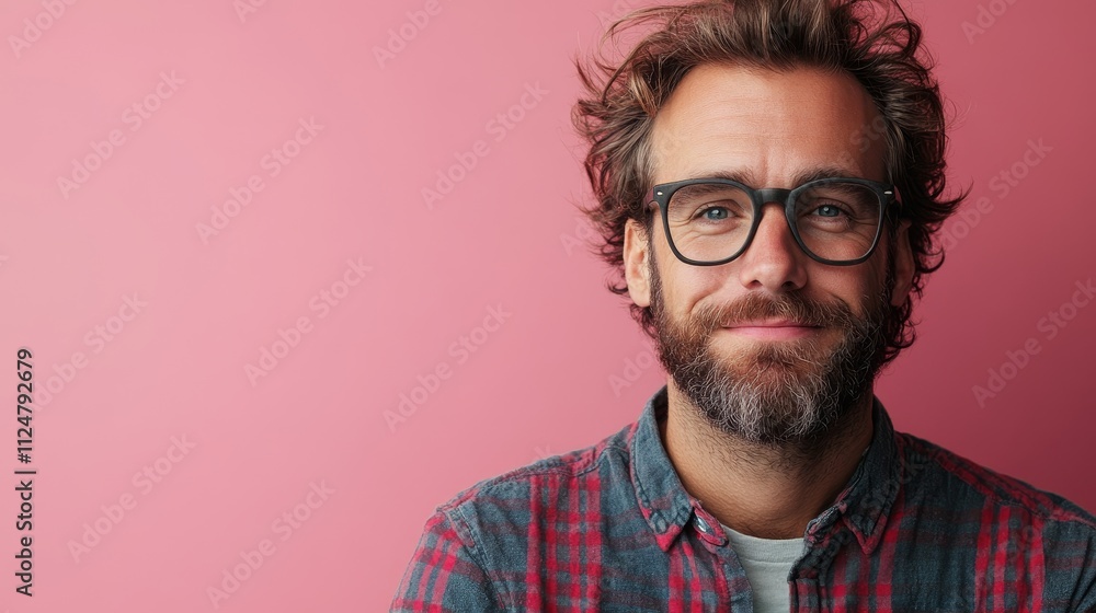 portrait of funny man in plaid shirt with beard and glasses on pink background with copy space portrait of funny man in plaid shirt with beard and glasses on pink background with copy space