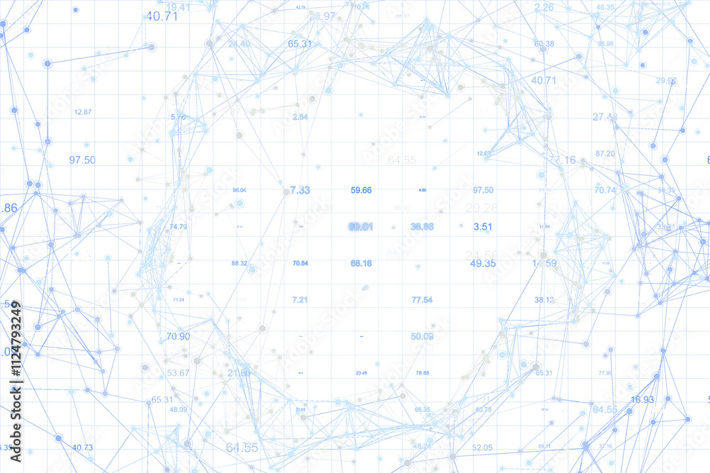 Obraz premium Abstract digital network with blue lines, numbers, and nodes on a white grid background. Concept of data analysis, technology, and cloud. 3D Rendering.