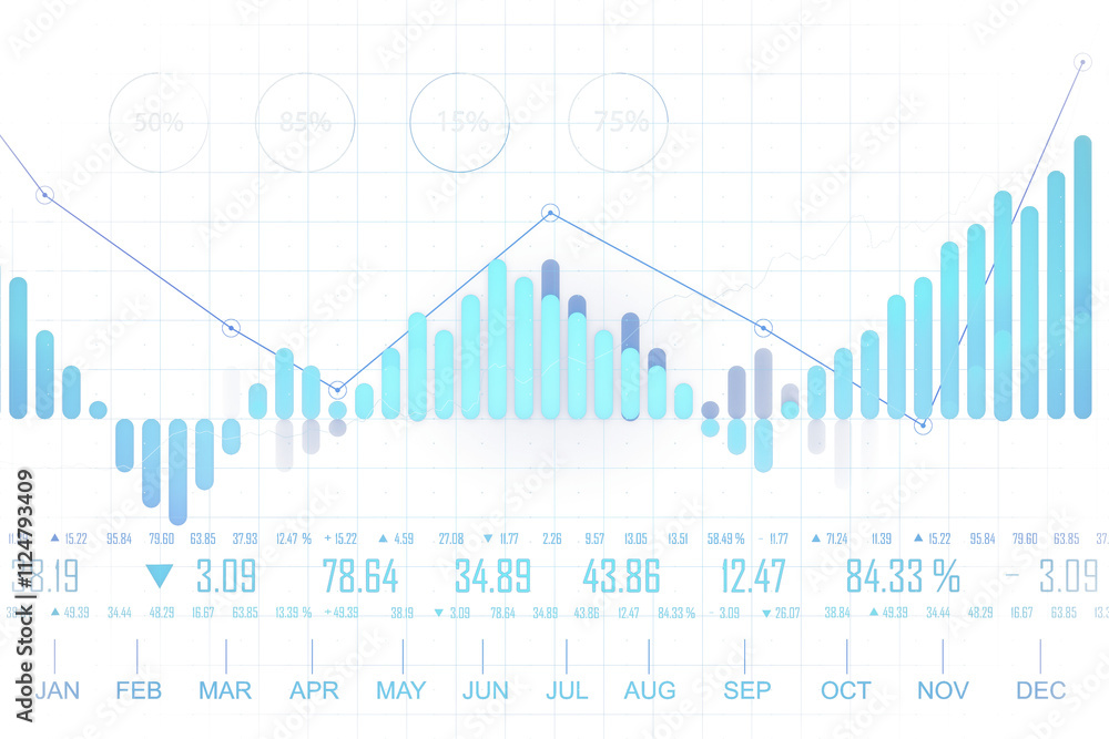 Blue financial chart with bars and lines on white grid background, representing economic strategy, growth, and international forex trends. 3D Rendering. Blue financial chart with bars and lines on white grid background, representing economic strategy, growth, and international forex trends. 3D Rendering.