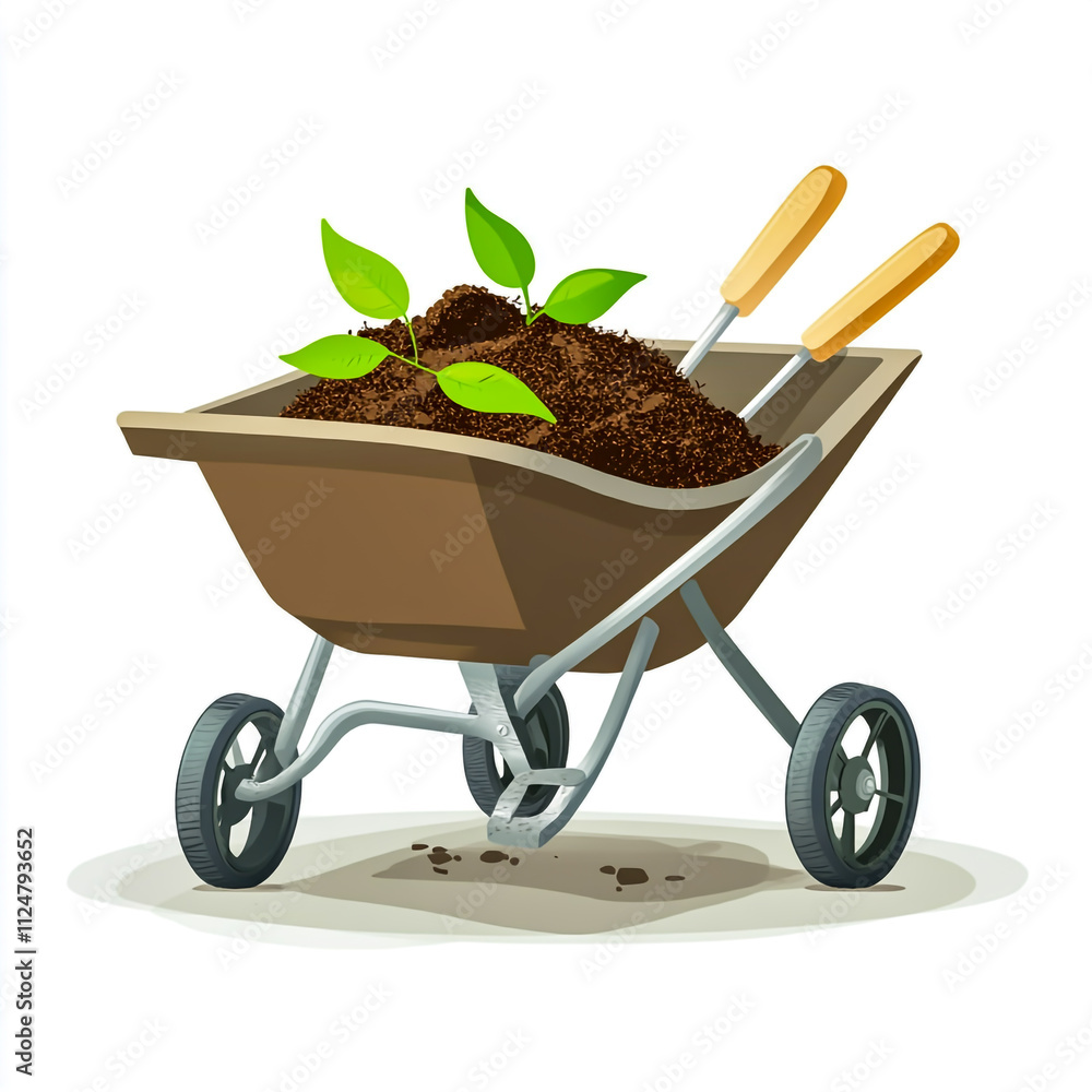 Illustration of a wheelbarrow containing soil, leaves, and tools. Illustration of a wheelbarrow containing soil, leaves, and tools.
